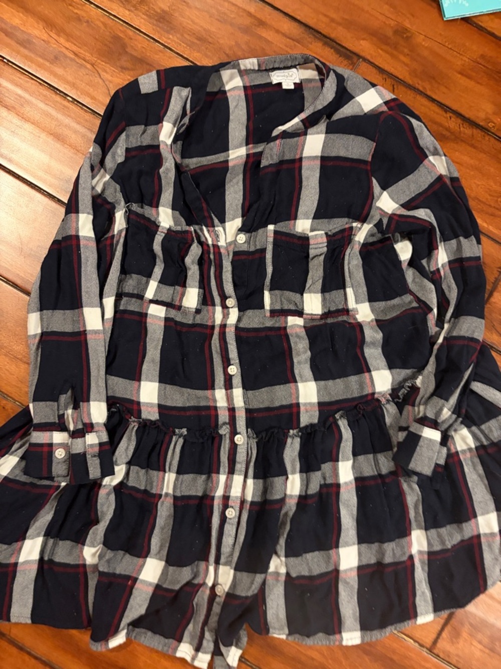 Mud Pie Navy, White & Red Plaid Tiered Button-Front Dress